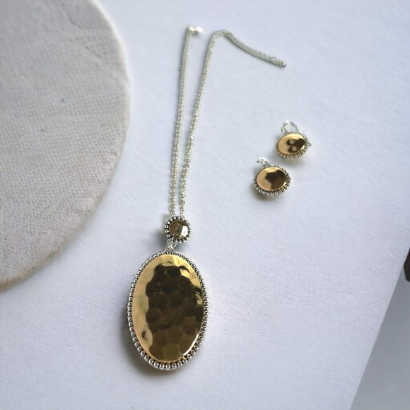 Necklace & Earring Set, Gold/Silver Tone, Hammered & Antique Finish, 18" - 21" - Picture 4 of 6
